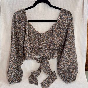 Japna Floral Blouse milkmaid peasant cropped top poet sleeves L large Y2K